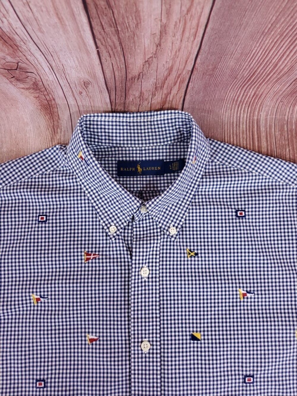 Polo Ralph Lauren Shirt Mens Large Gingham Check Embroidered Nautical Flags